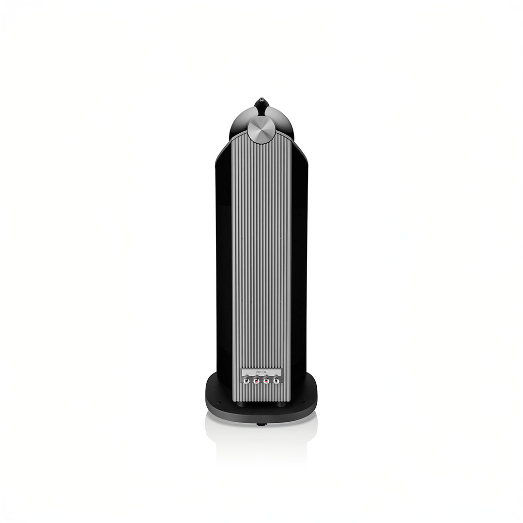 Tall black and silver freestanding speaker
