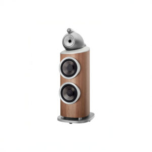 Modern wooden floor speaker with two large drivers.