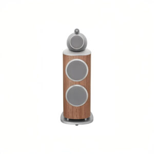 Wooden tower speaker with three circular speakers.