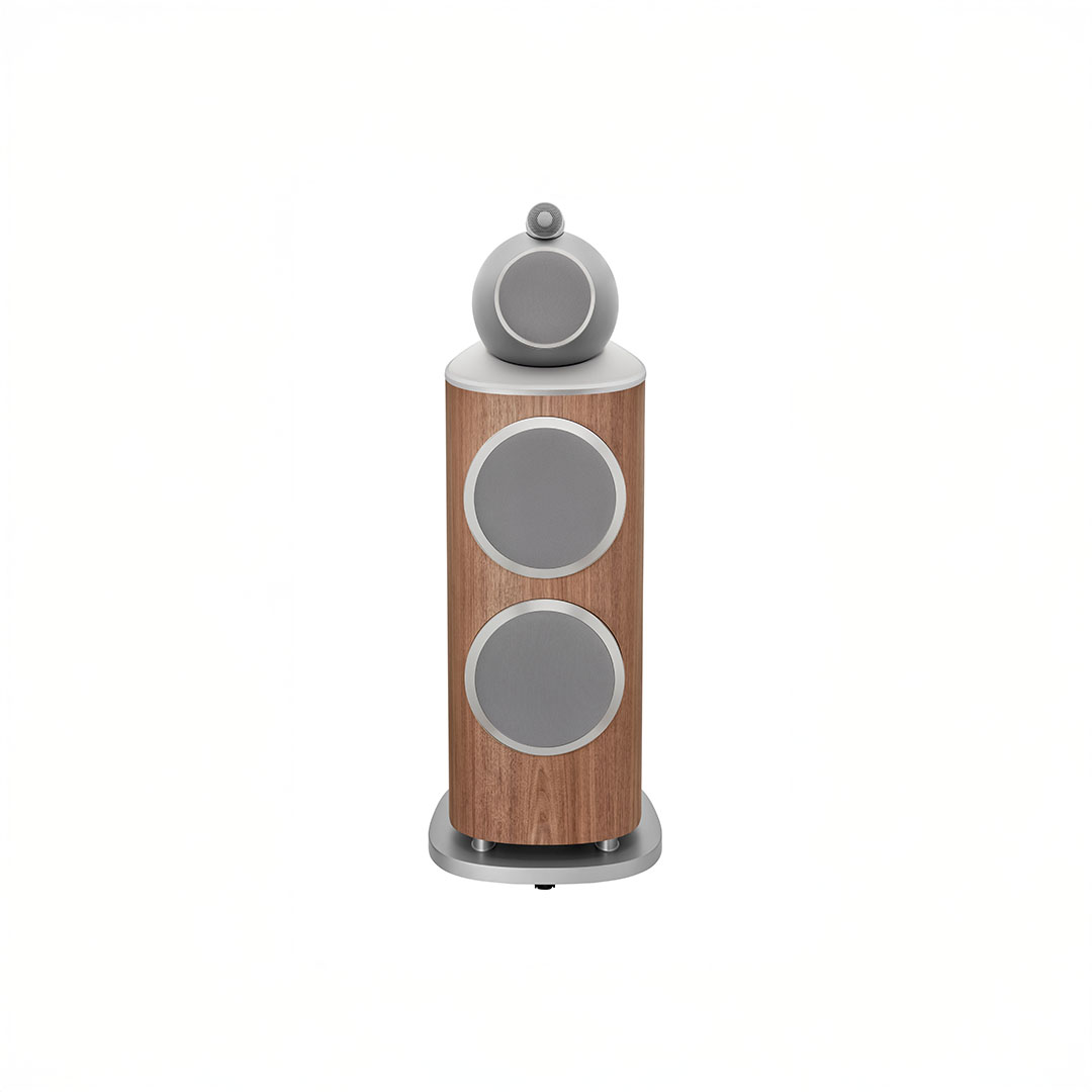 Wooden tower speaker with three circular speakers.