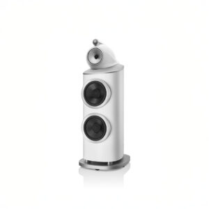 High-end white floor-standing speaker with three drivers.