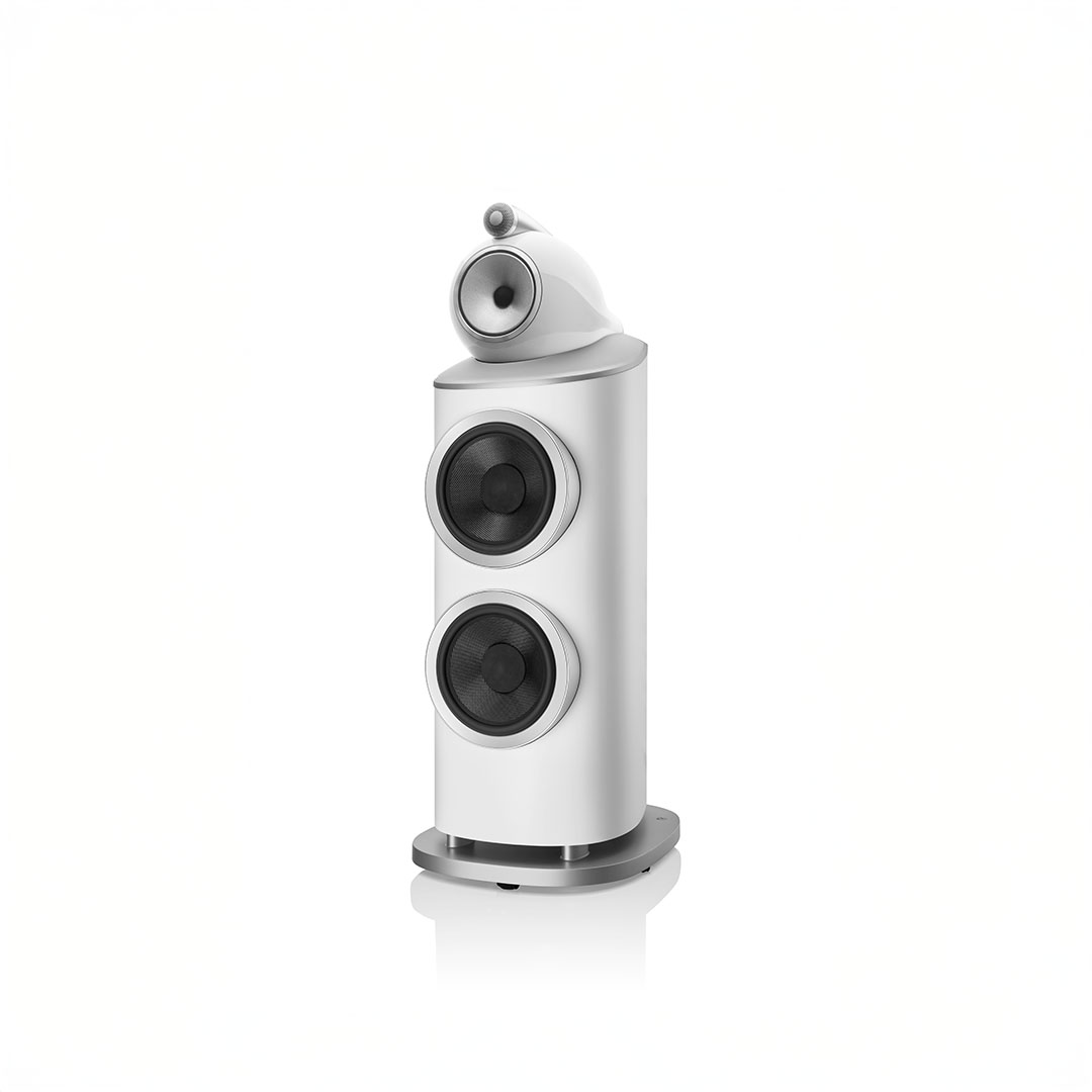 High-end white floor-standing speaker with three drivers.