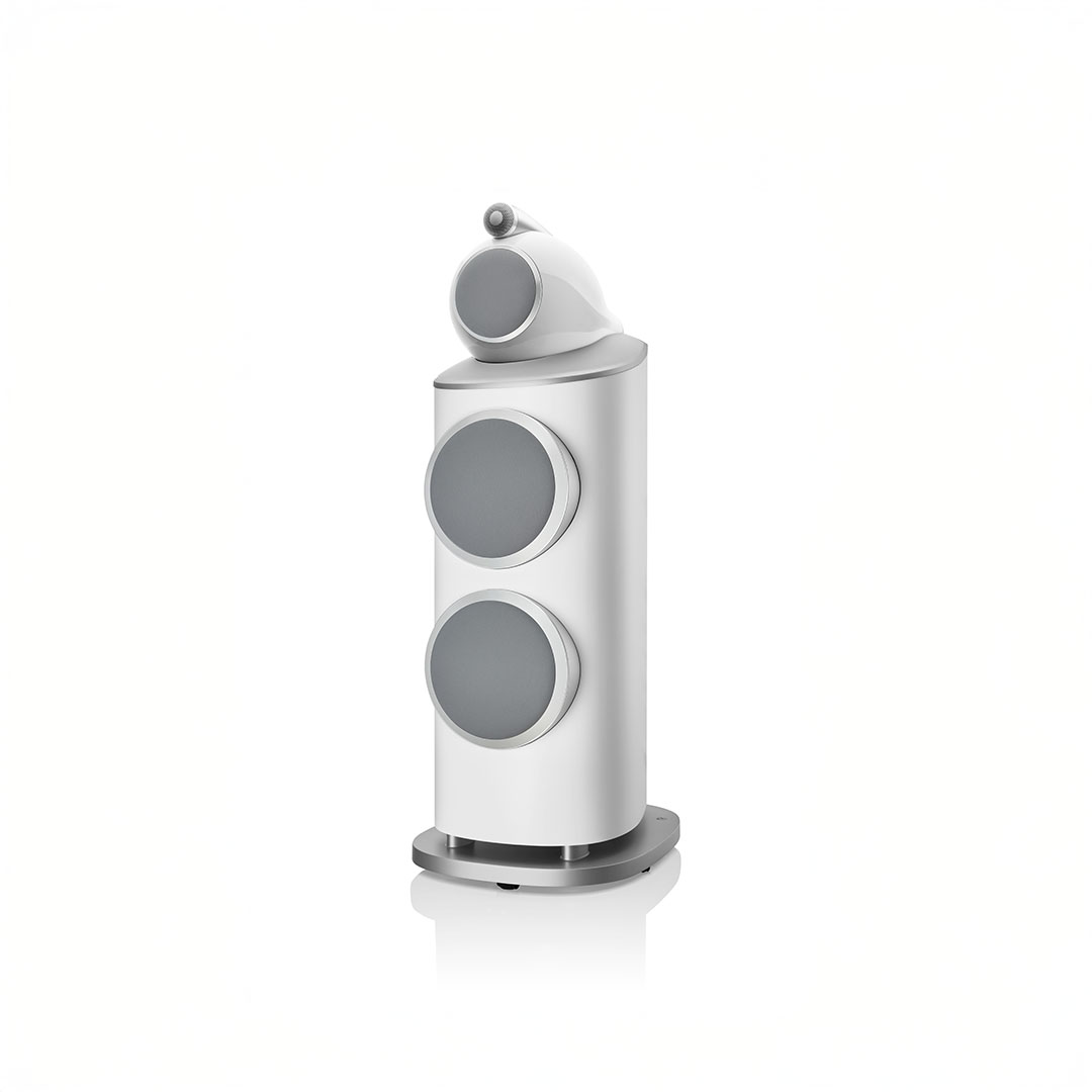 Modern white audio speaker with three drivers
