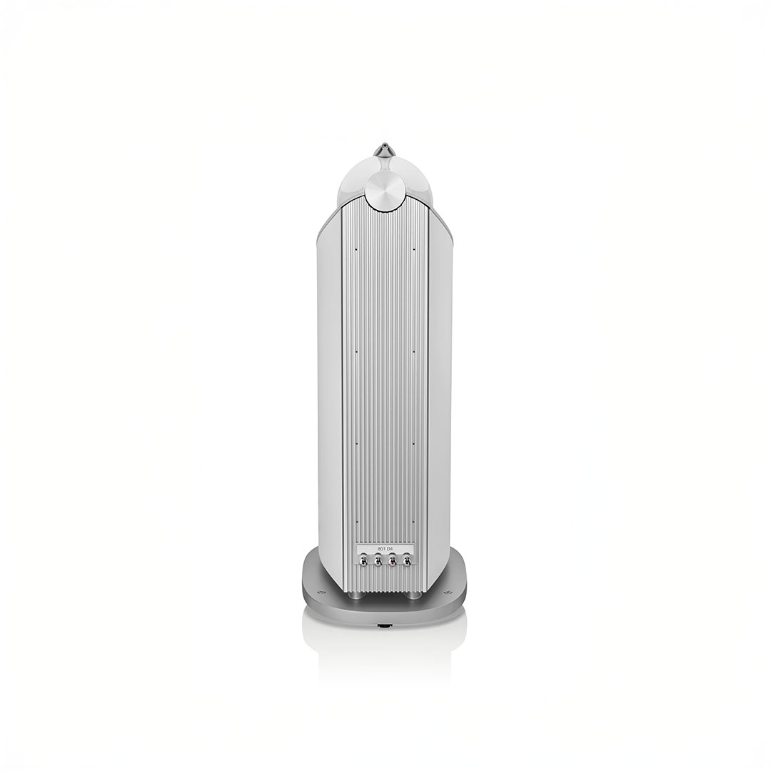 Silver standing audio speaker with sleek design