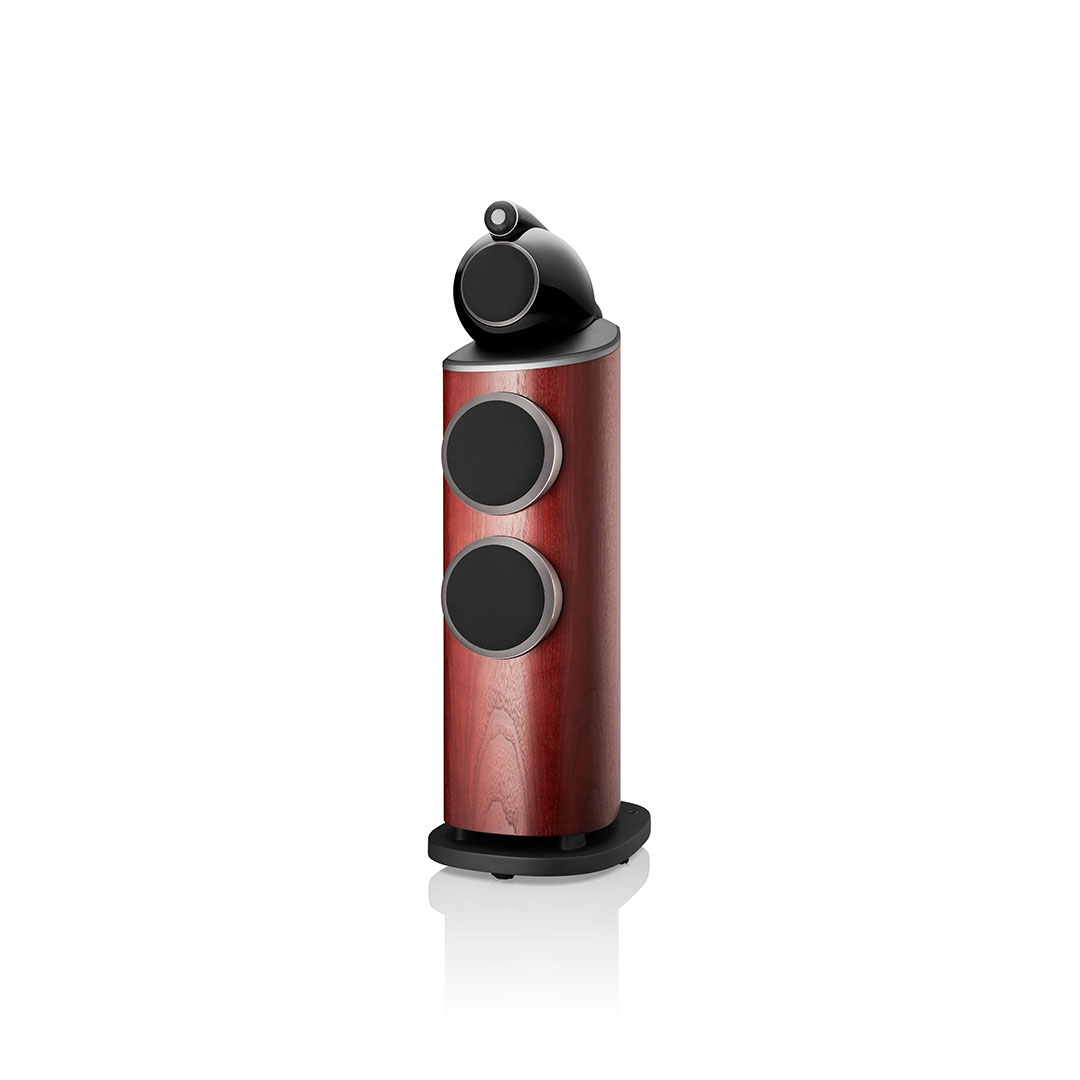High-end wooden floor-standing speaker with sleek design.