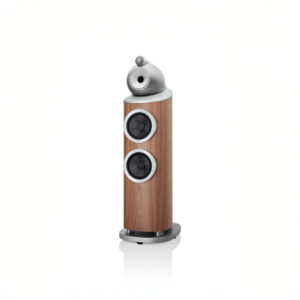 Modern wood speaker with dual drivers and silver details.