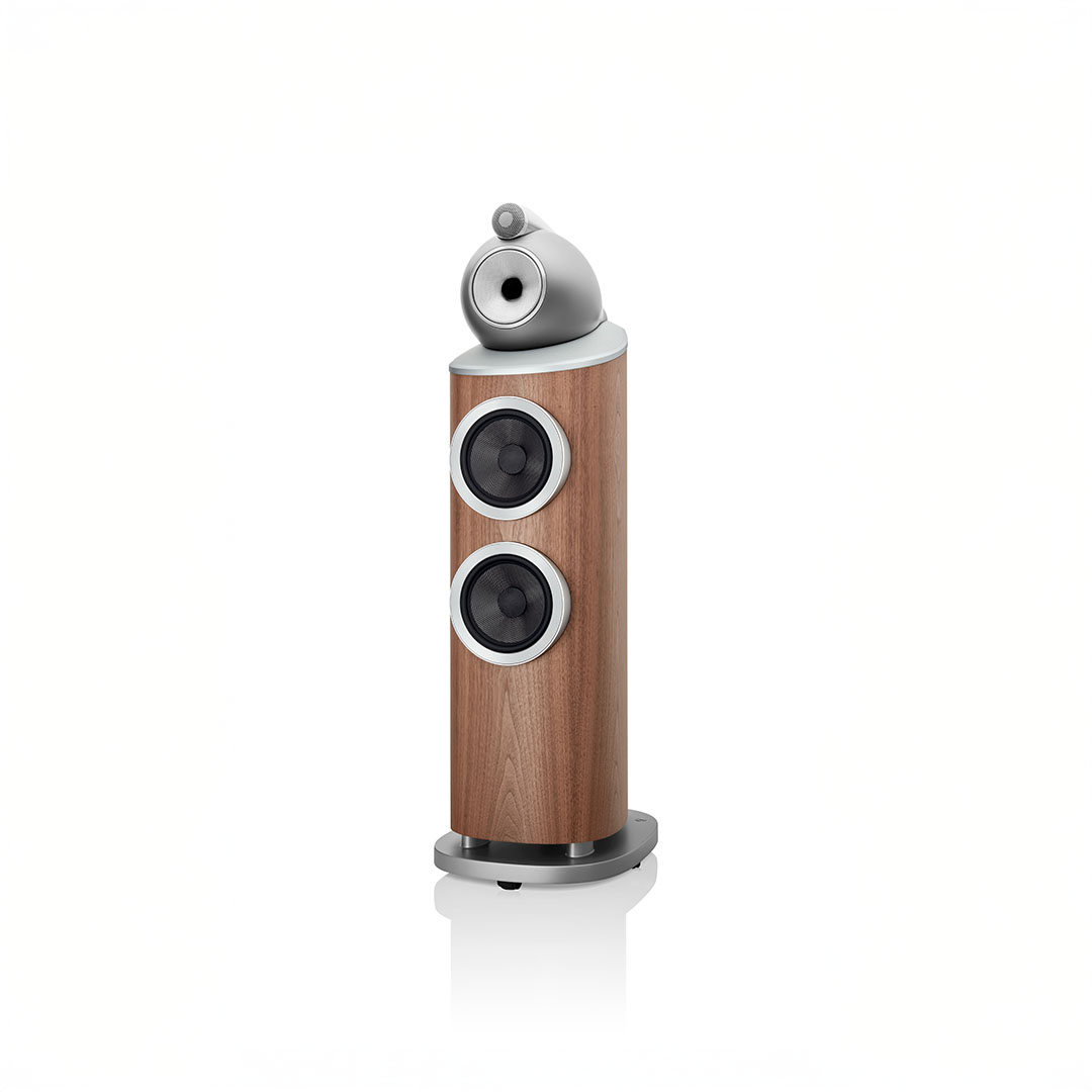 Modern wood speaker with dual drivers and silver details.