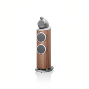 Modern wood-paneled floor-standing speaker with three drivers.