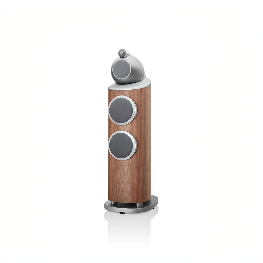 Modern wood-paneled floor-standing speaker with three drivers.
