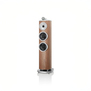 Tall wood speaker with three circular drivers.
