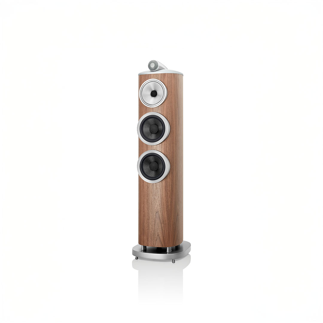 Tall wood speaker with three circular drivers.