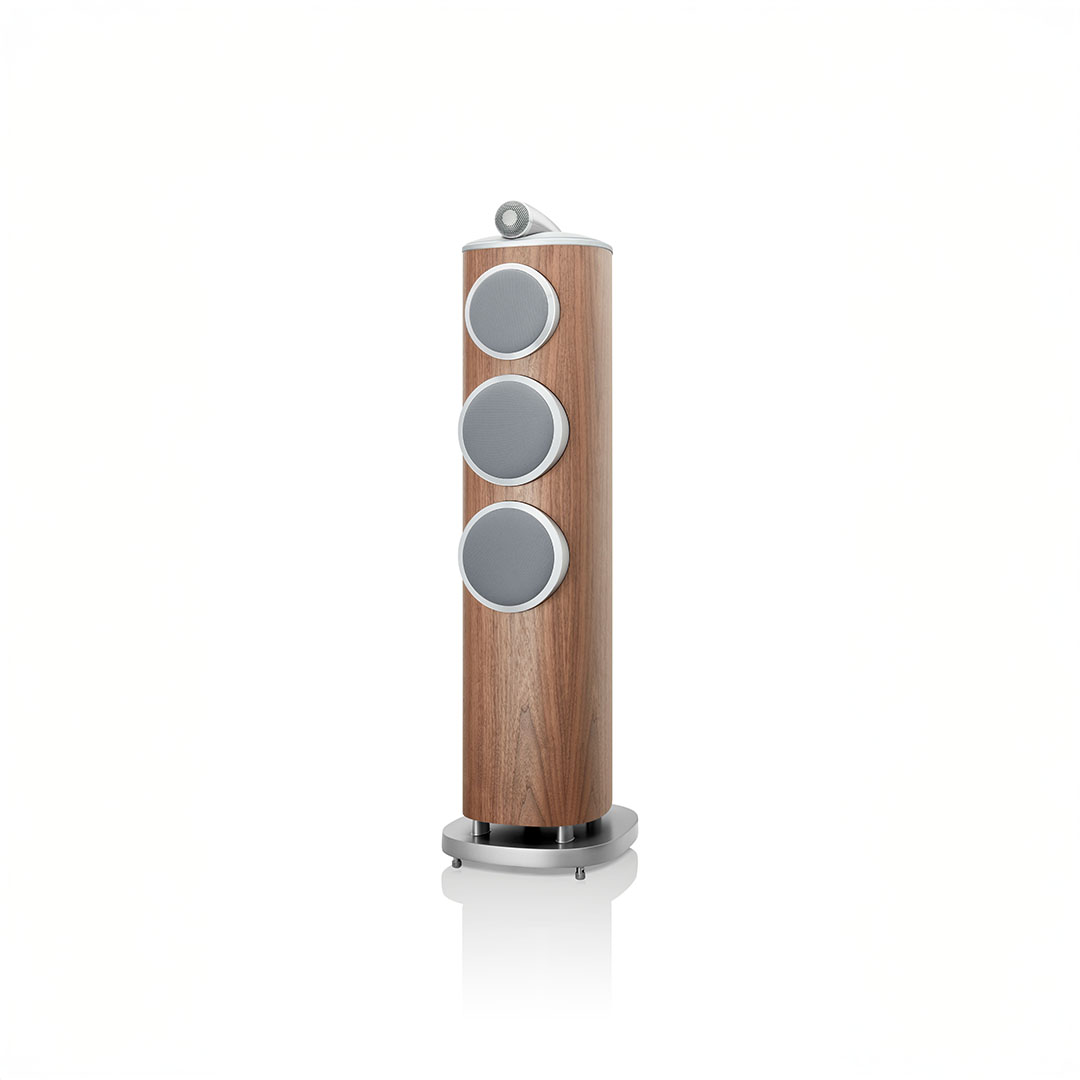 Modern wooden floor-standing speaker with three speakers