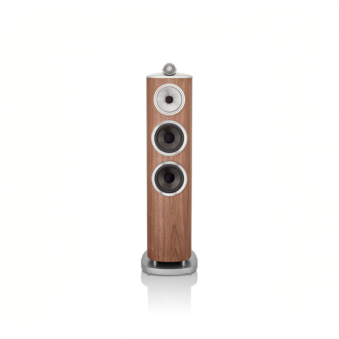 Wooden floor-standing speaker with silver accents