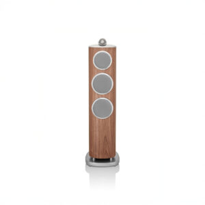 Elegant wooden tower speaker with three silver grills.
