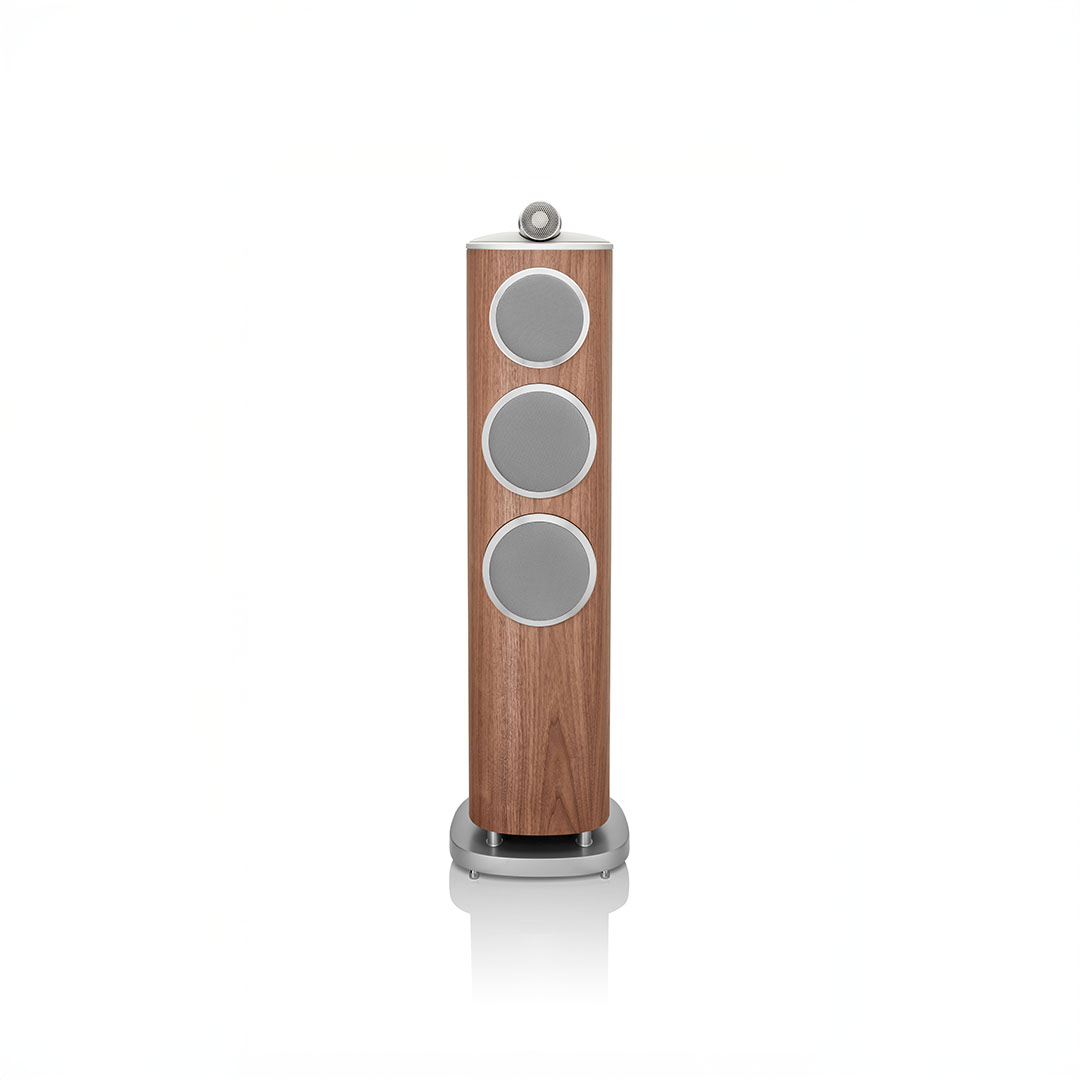 Elegant wooden tower speaker with three silver grills.