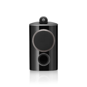 Black high-fidelity audio speaker on white background.