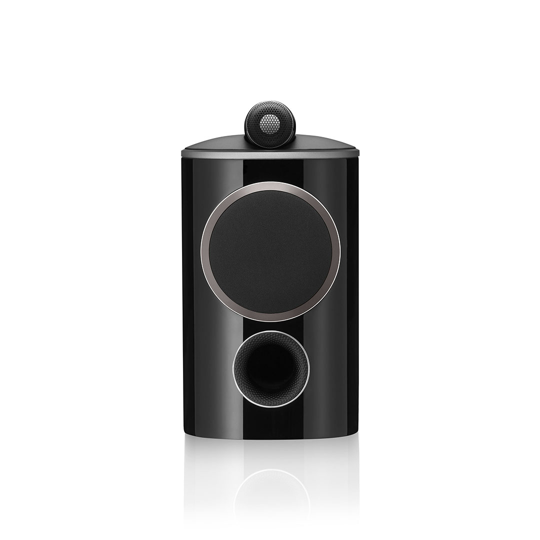 Black high-fidelity audio speaker on white background.