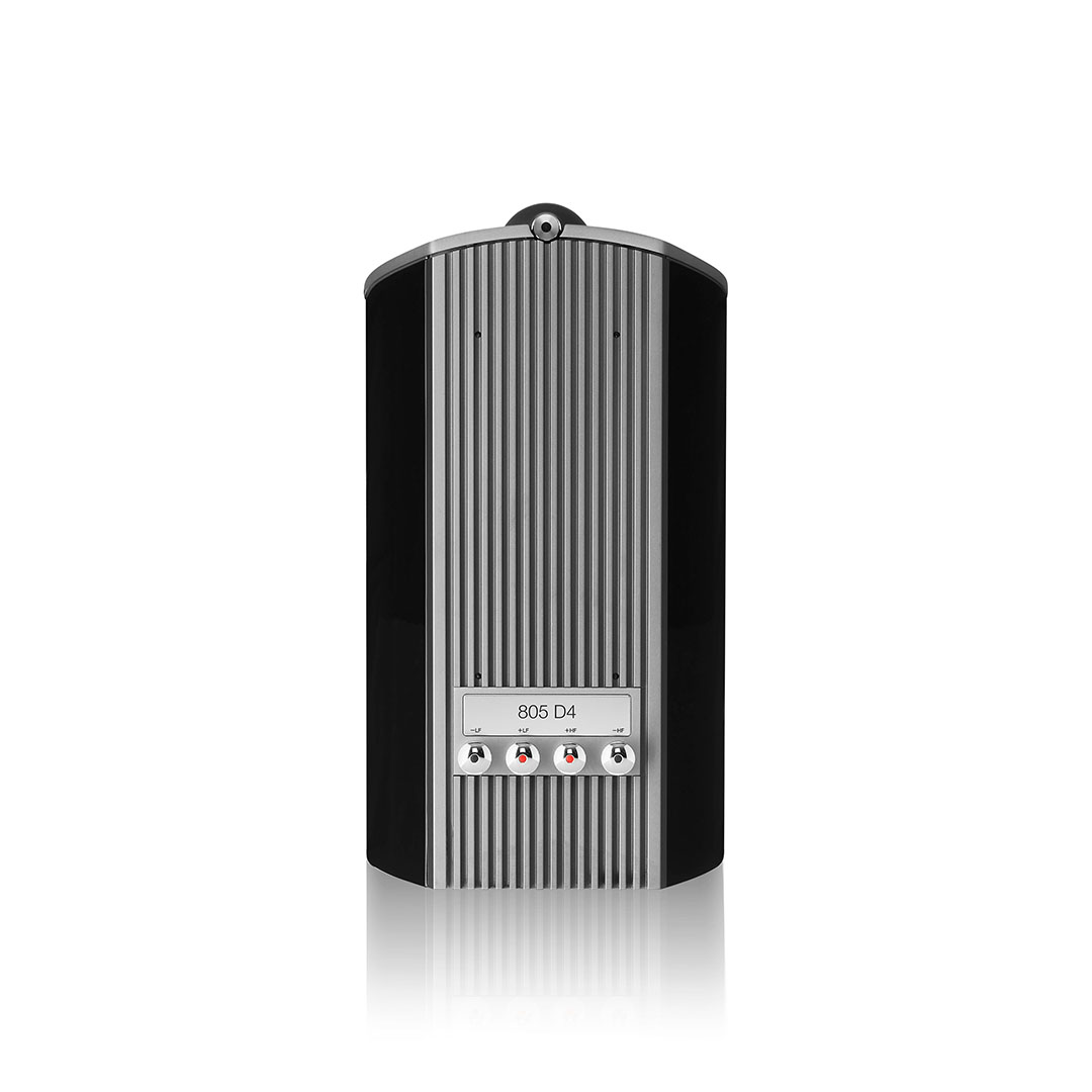 Back view of black 805 D4 speaker with connectors.
