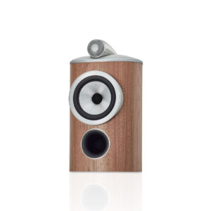 Wooden speaker with two audio drivers front view.