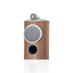 Modern wooden speaker with silver accents.