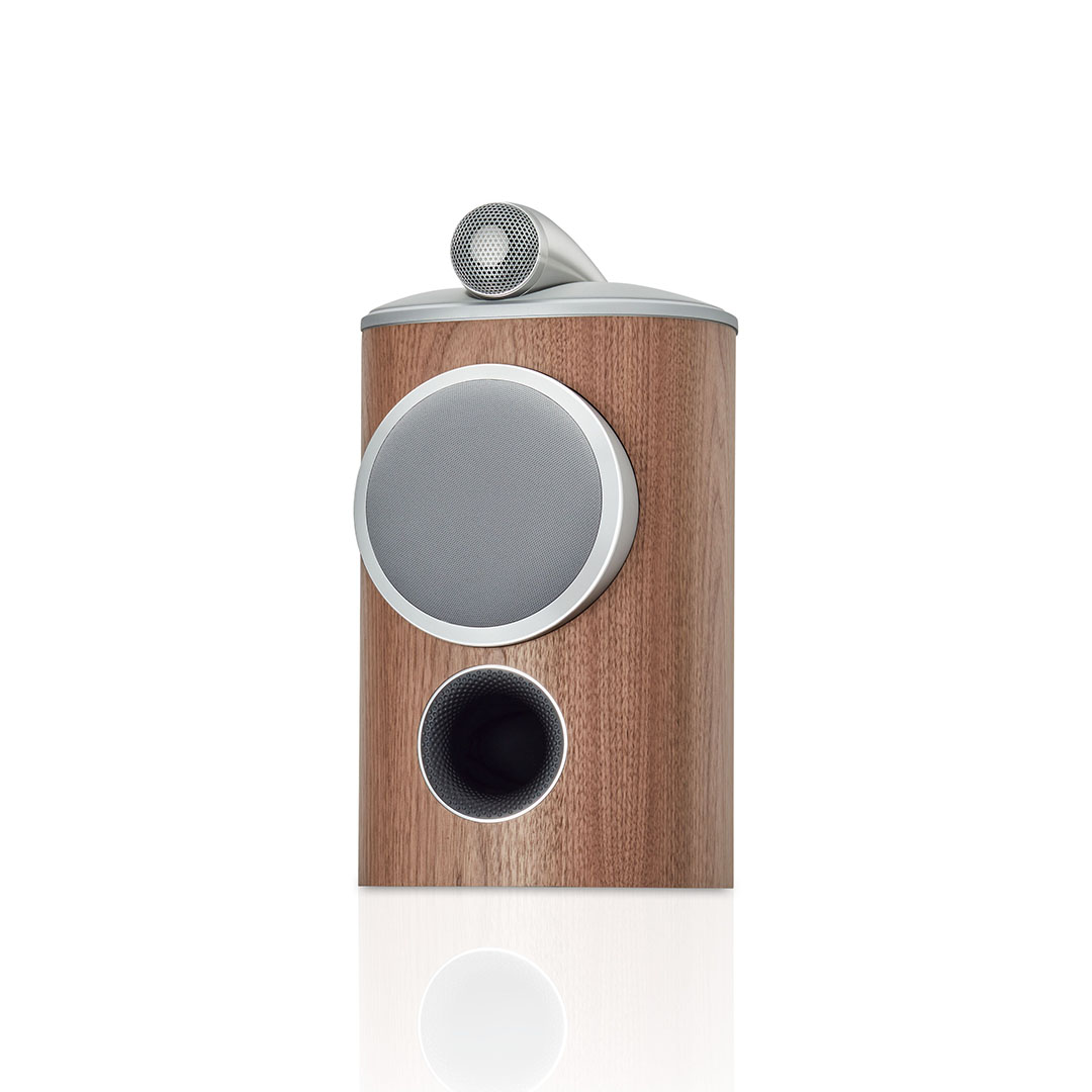 Modern wooden speaker with silver accents.