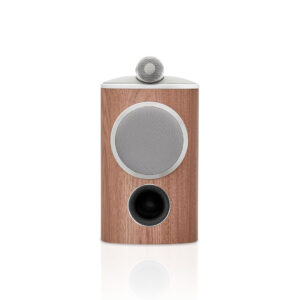 Modern wooden speaker with multiple drivers.