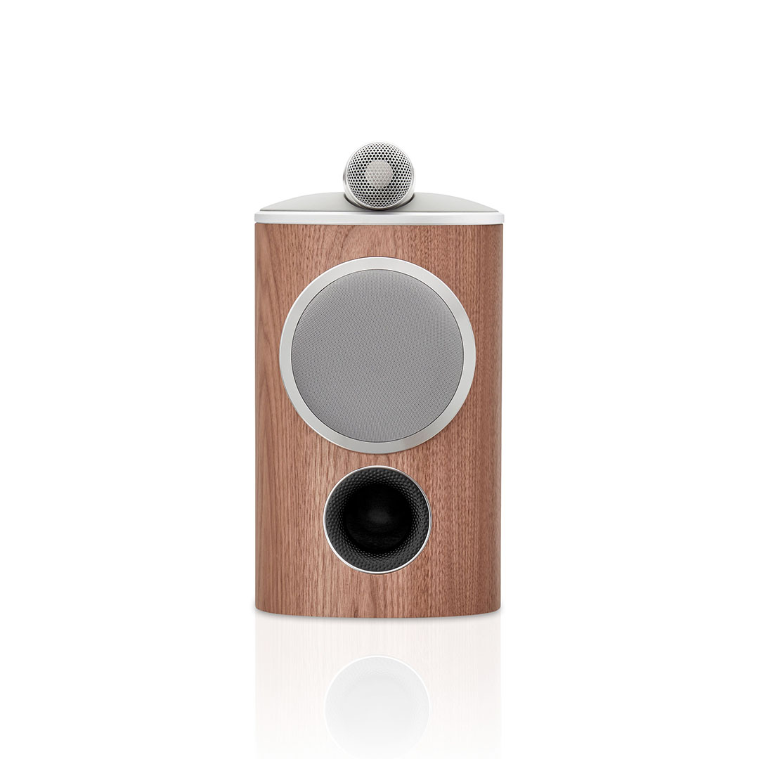 Modern wooden speaker with multiple drivers.