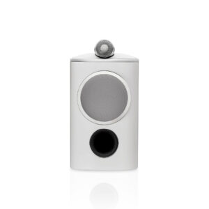 Modern white speaker with spherical top.