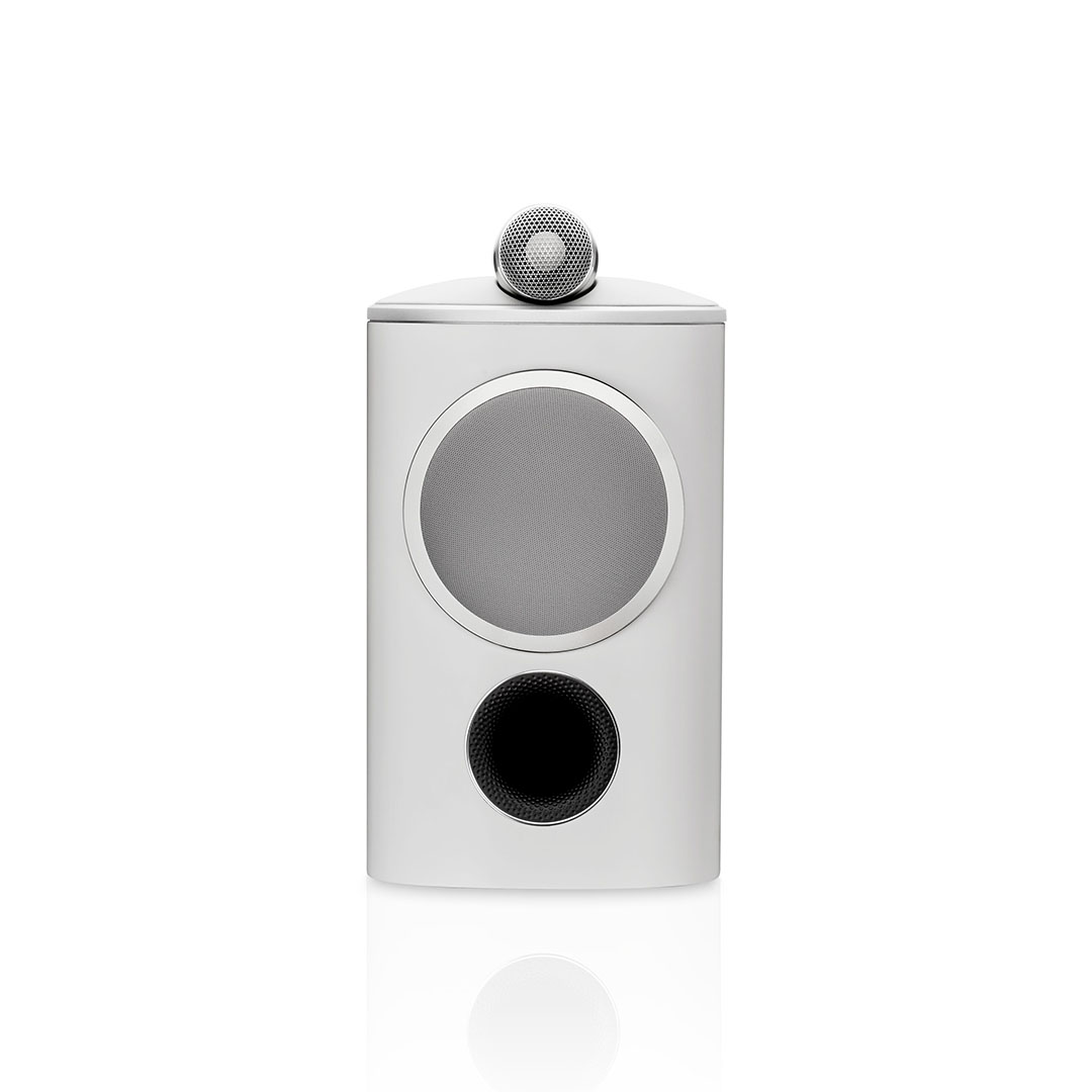 Modern white speaker with spherical top.