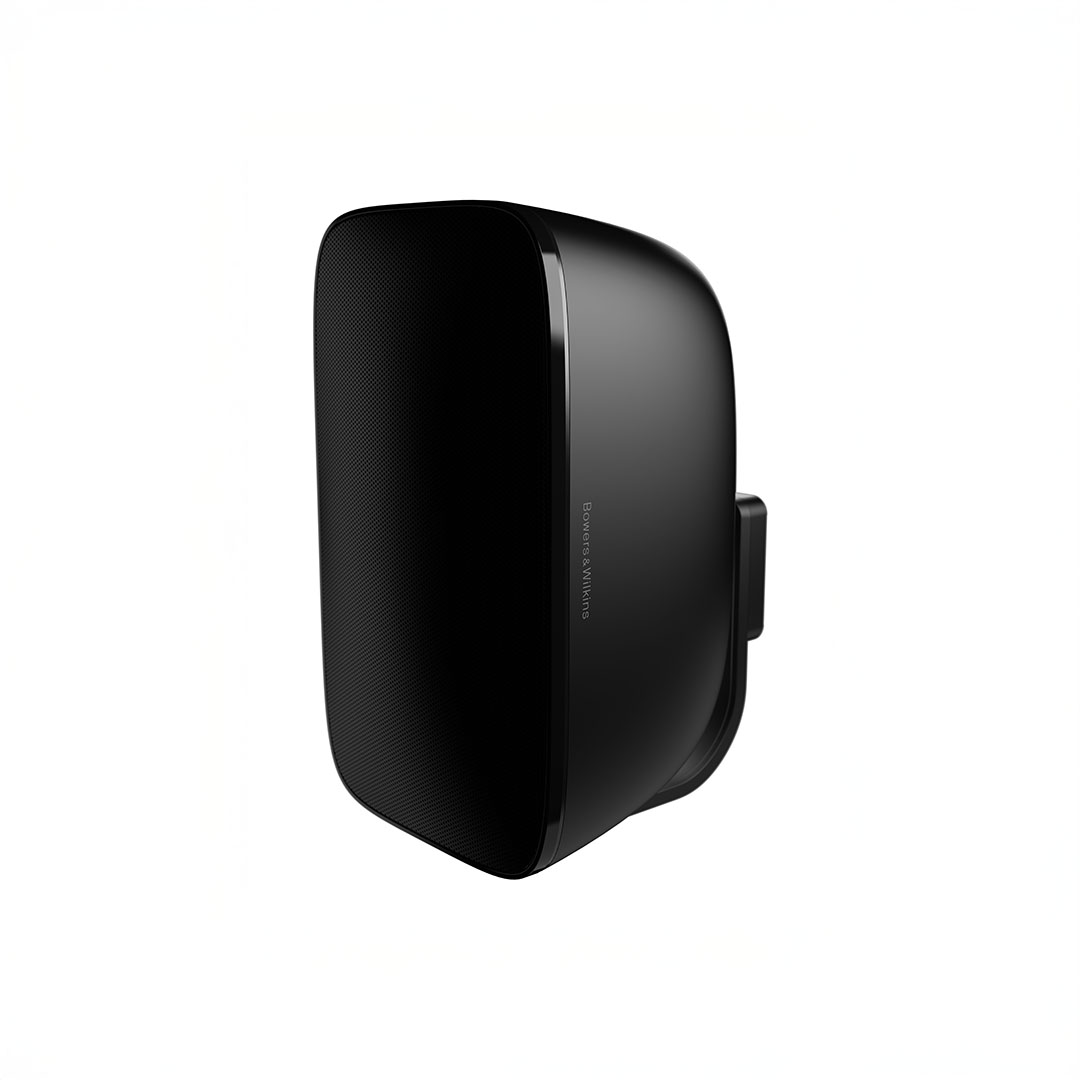 Black modern wall-mounted speaker on white background.