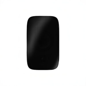Black wireless speaker on white background.