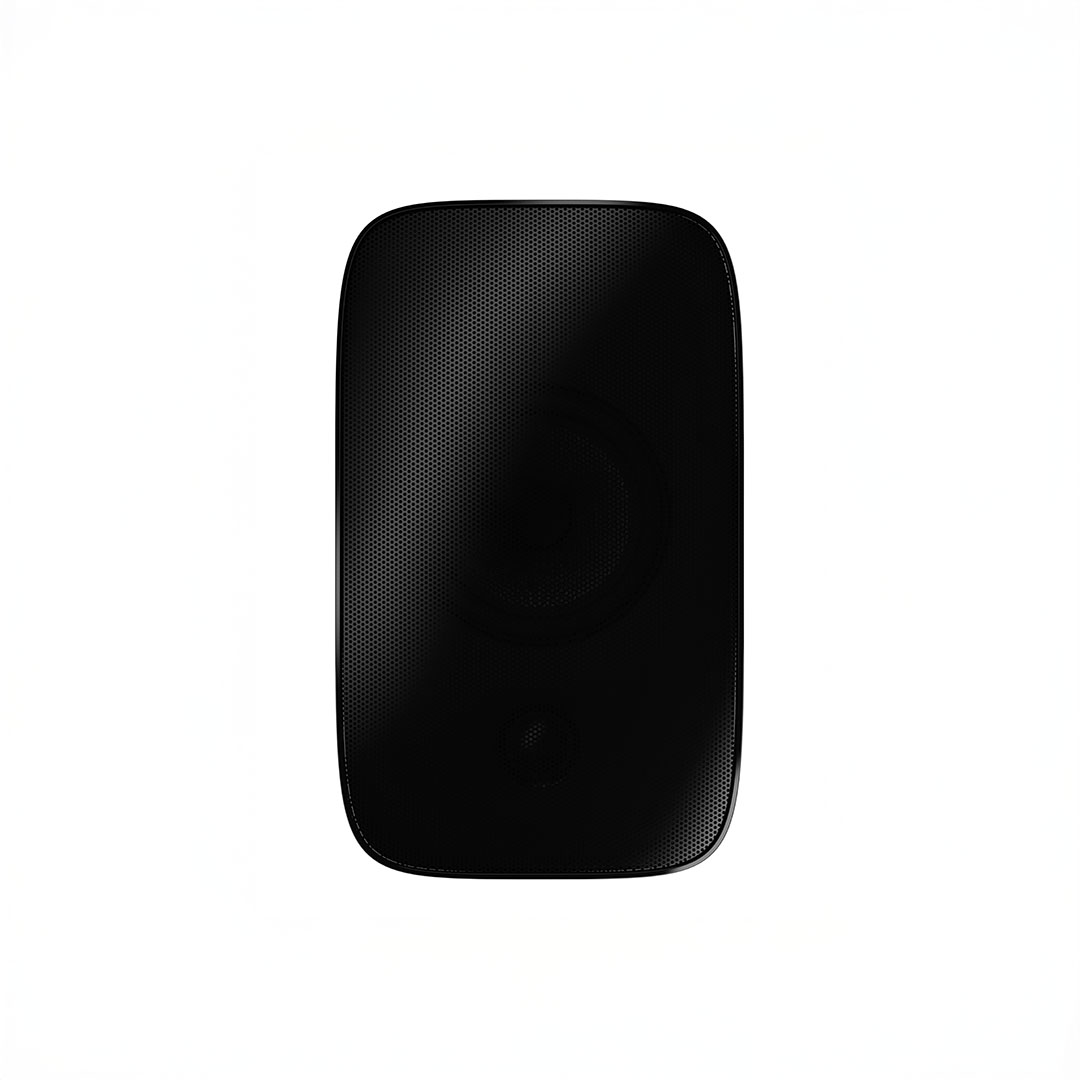Black wireless speaker on white background.