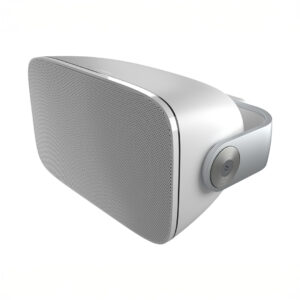 Sleek white outdoor speaker with wall mount bracket.