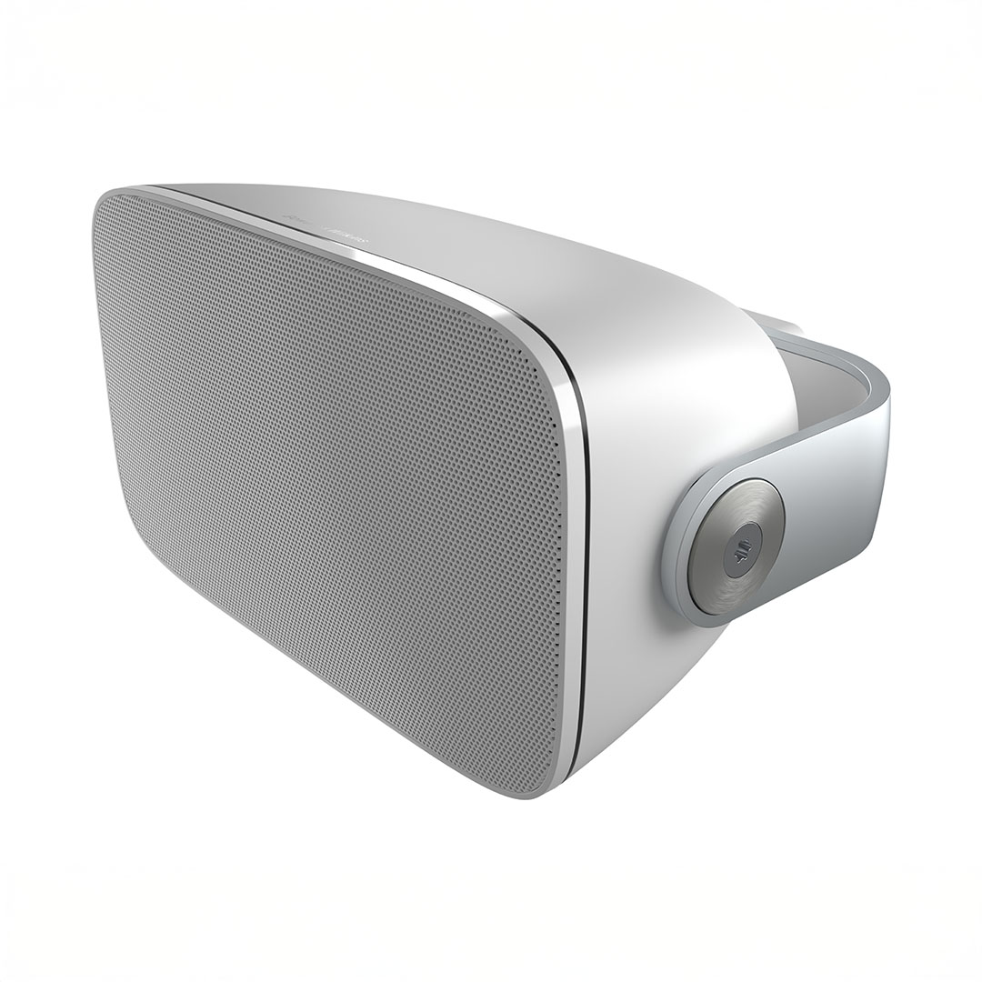 Sleek white outdoor speaker with wall mount bracket.
