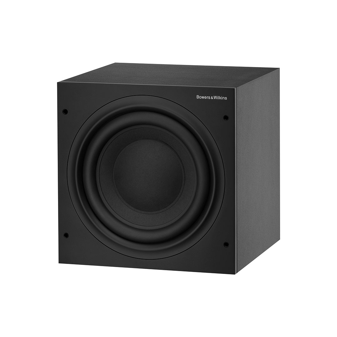 Black subwoofer speaker on white background.