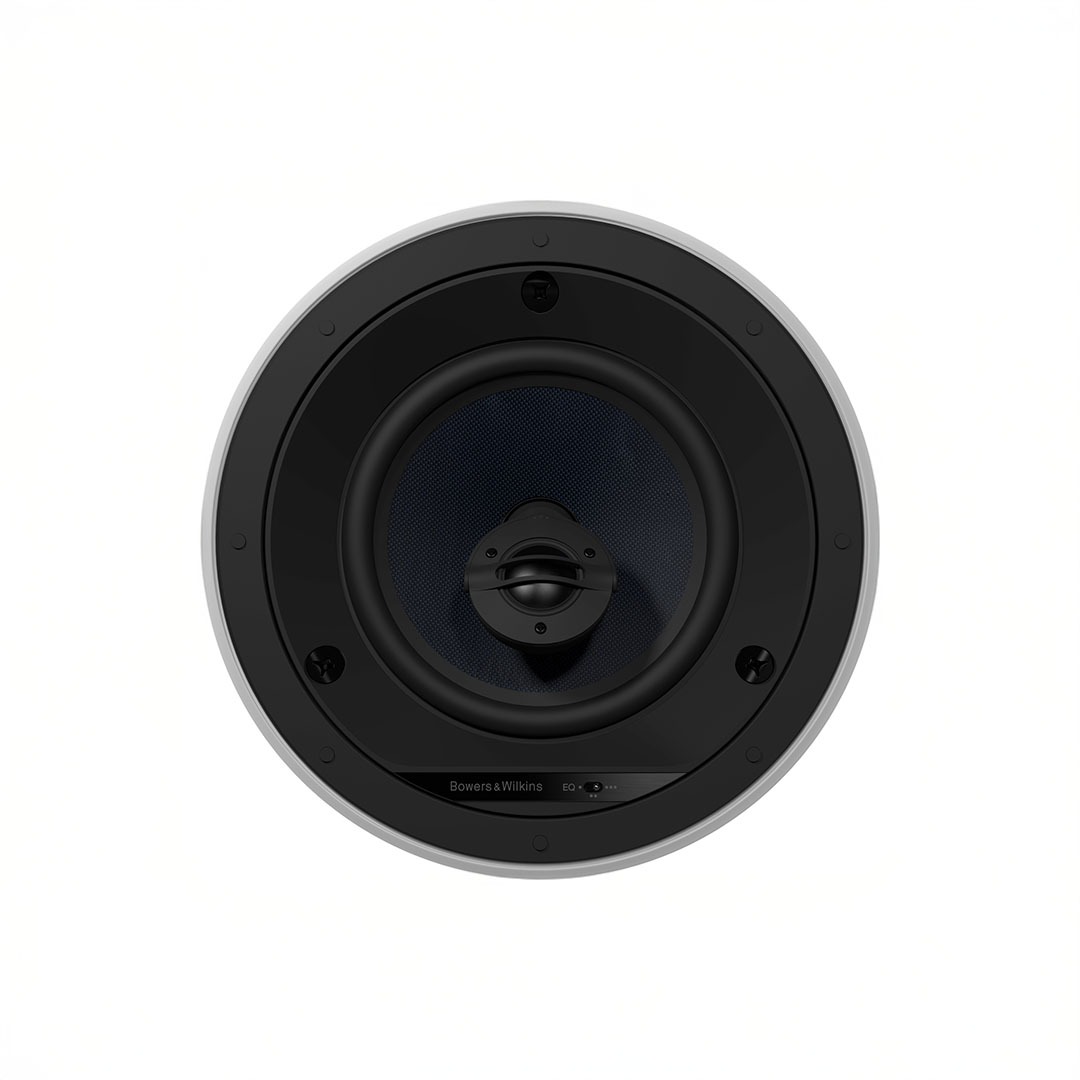 Round black ceiling speaker with blue accents.