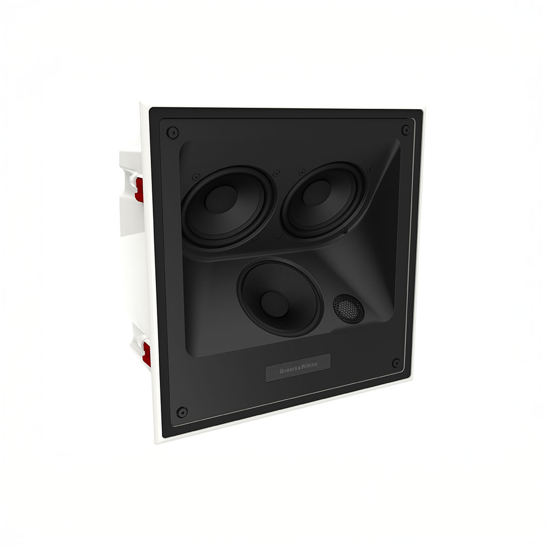 In-wall speaker with multiple drivers and tweeter.