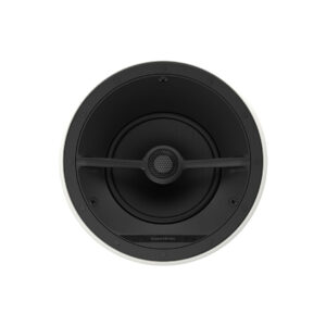 Ceiling-mounted black round speaker, close-up view.