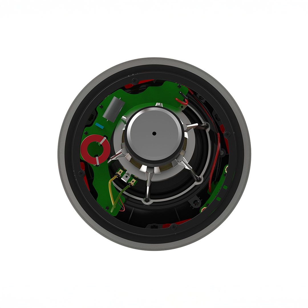 Top view of internal speaker components, wires visible.