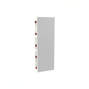 Vertical white speaker with red accents on side.