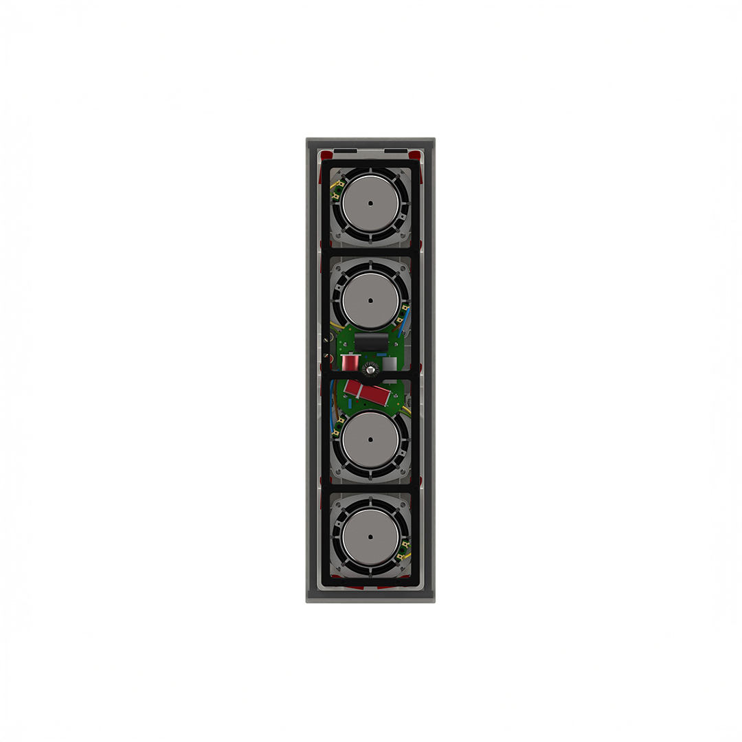 Internal electronic components of a speaker system.