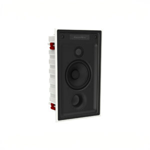 In-wall speaker with black grille and white frame.