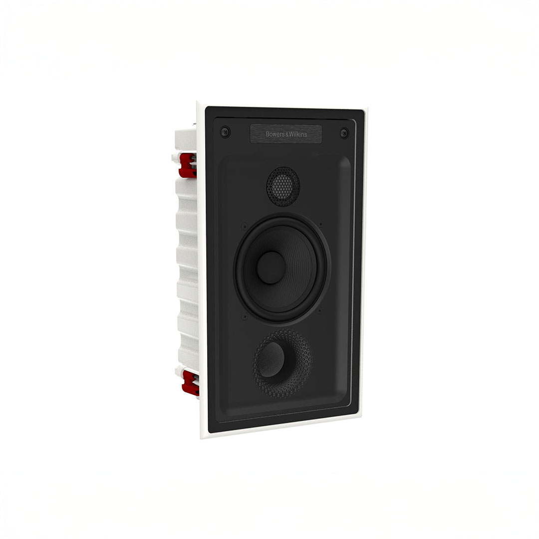 In-wall speaker with black grille and white frame.