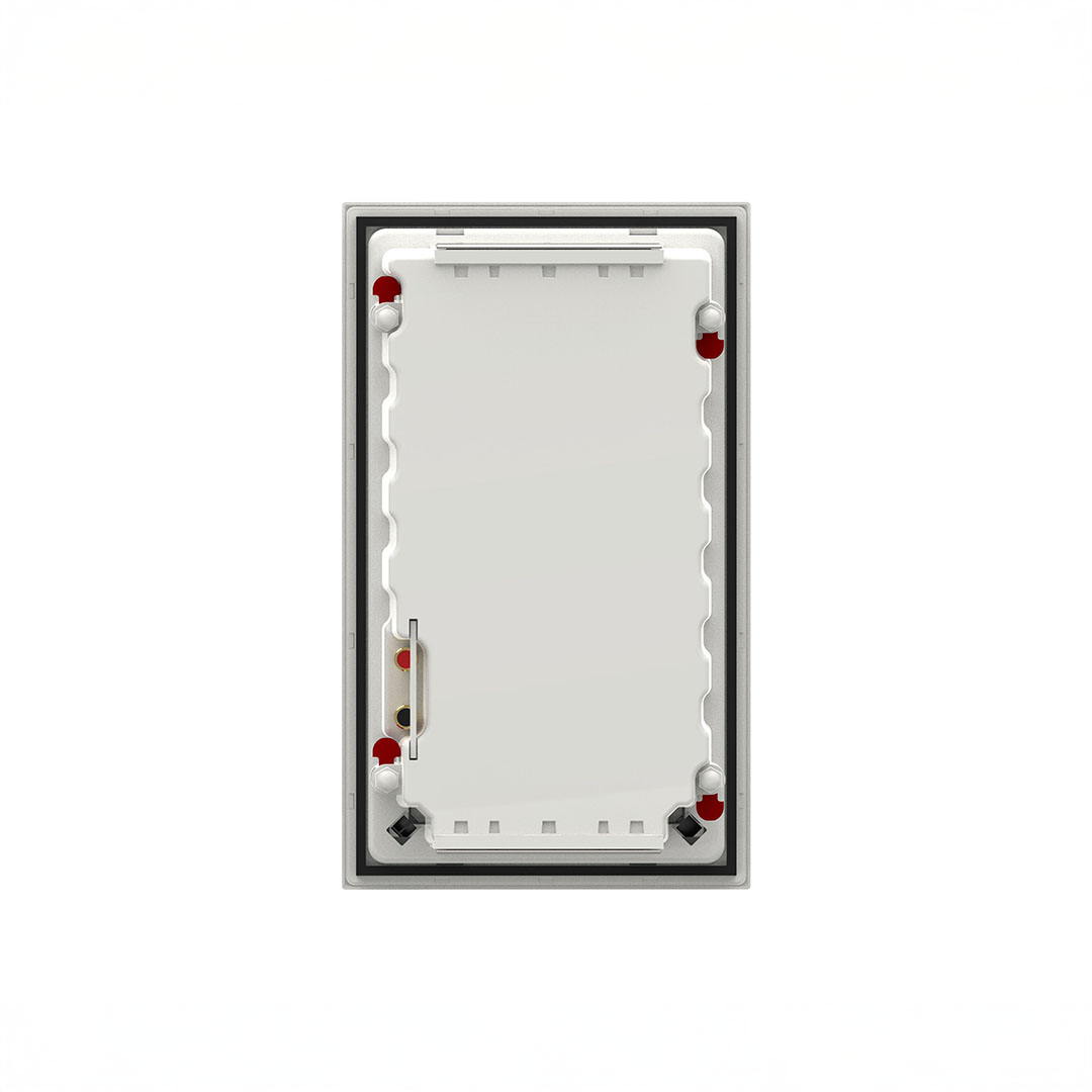 White rectangular industrial hatch door with handle.
