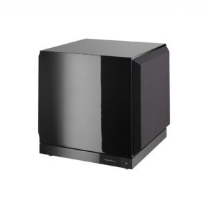 Black subwoofer speaker on white background.