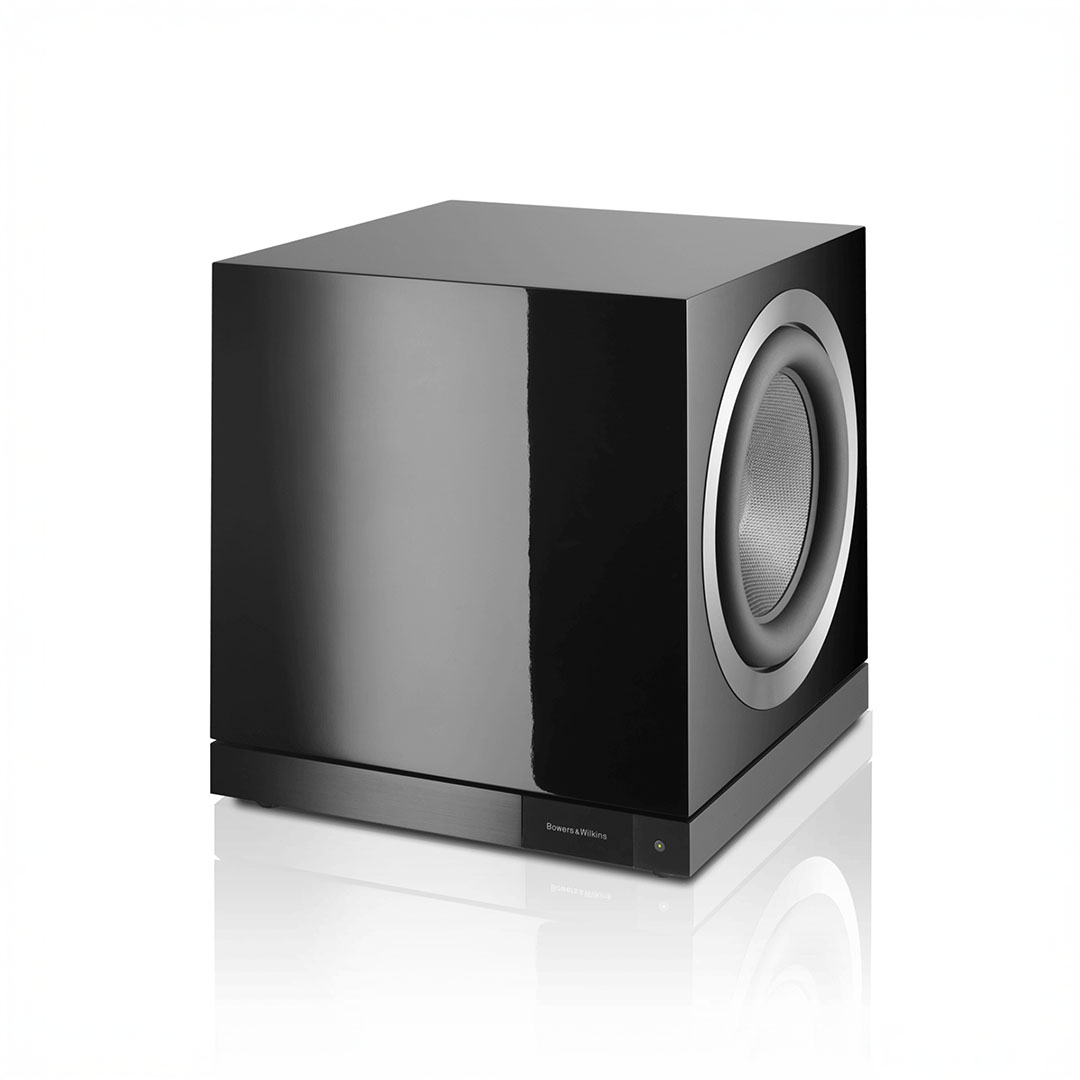 Black subwoofer speaker with silver accents