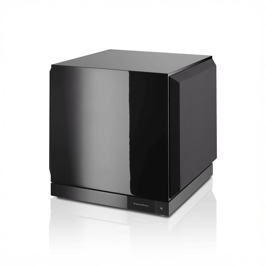 Glossy black subwoofer, modern design.