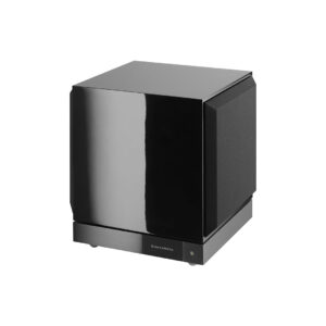 Glossy black subwoofer speaker on white background.