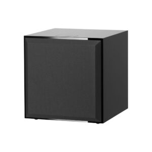Black subwoofer speaker on white background.
