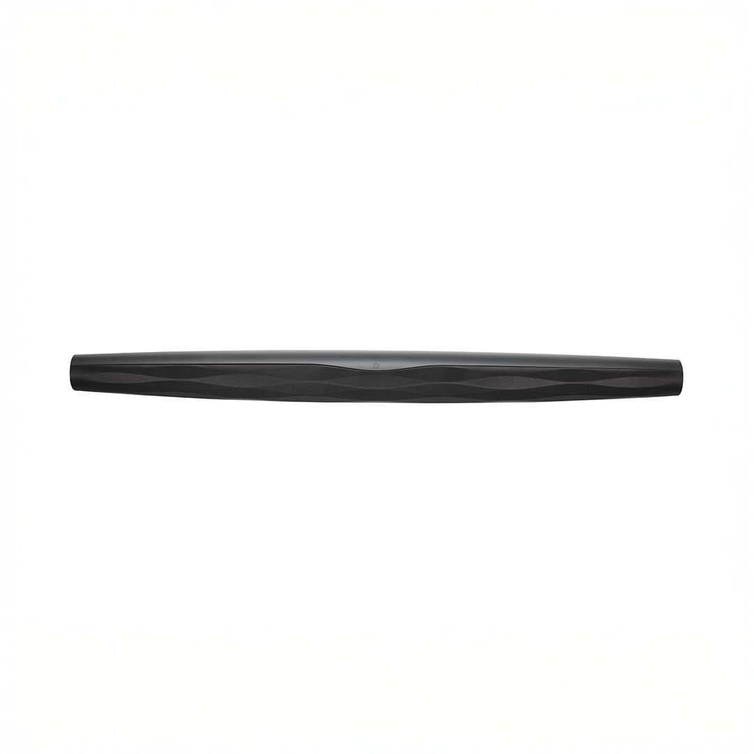 Black cylindrical modern soundbar on white background.